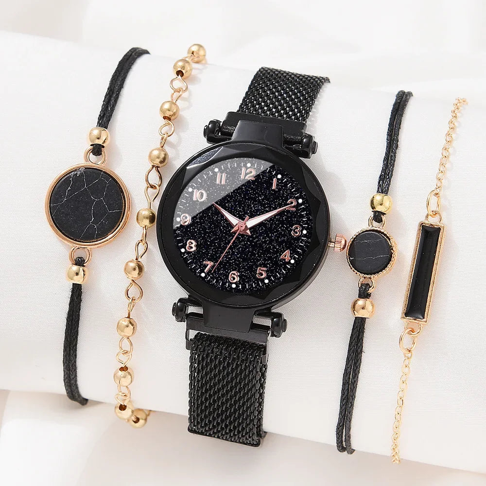 Fashionable Ladies Quartz Watch Set Simple Korean Style with Magnetic Strap Starry Sky Design Versatile Accessory for Women