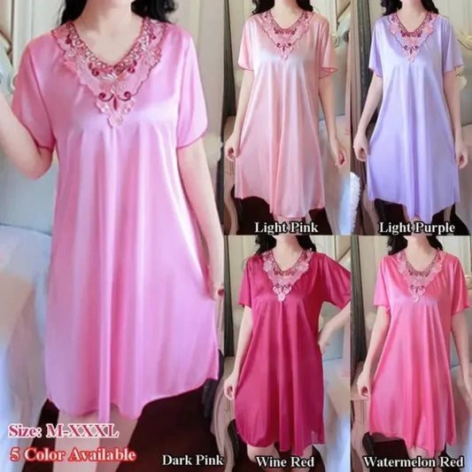 1 Pc Women Lace Stitching Loose Nightdress Summer Fashion Elegant Short Sleeve Pajamas Nightdress