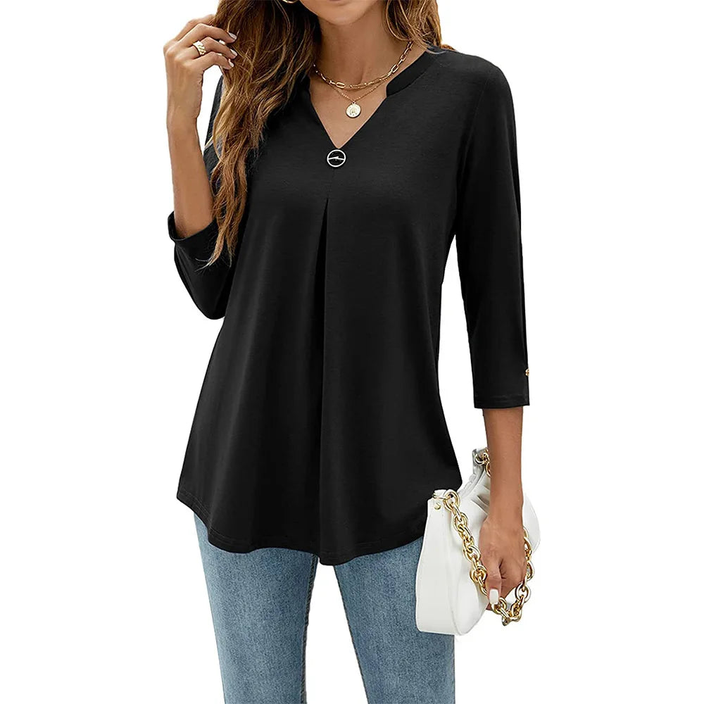 2024 Spring Autumn Women T-shirt V Neck 3/4 Sleeve Pin Decor Pleated Hem Solid Color Slim Fit Tunic T-shirt Tops Blouse