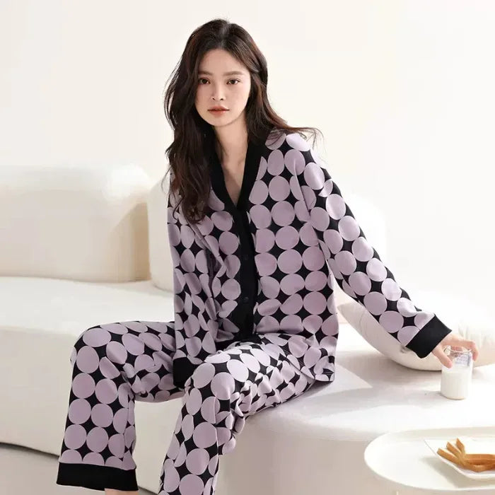 Women's Spring Autumn Long Sleeve Cotton-Like Kimono Loose-Fit V-Neck Sleepwear Sweet Home Clothes Korean Style Outer Wear