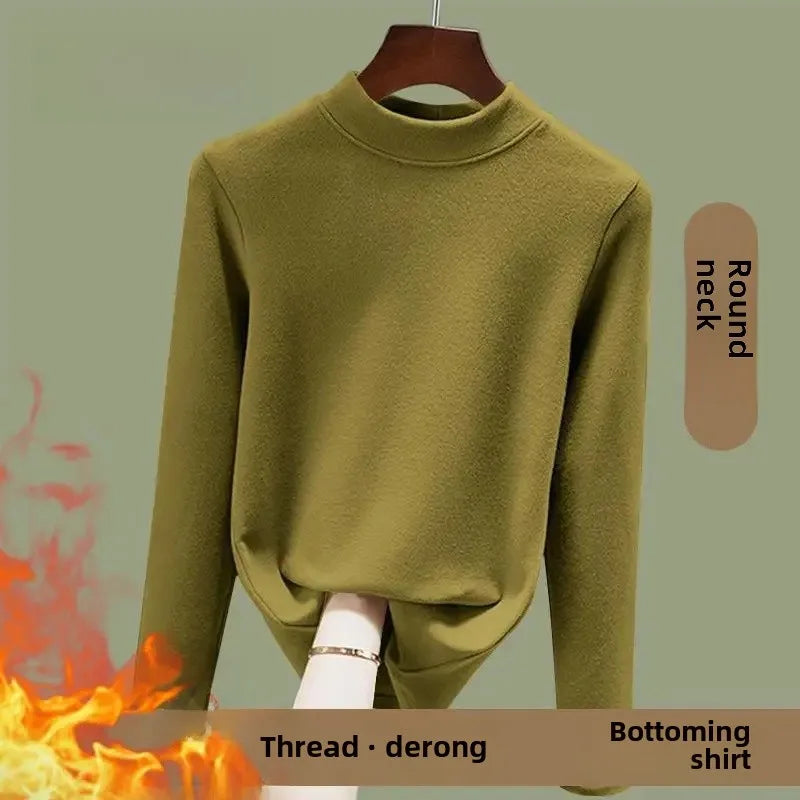 Women's Fleece Lined Long Sleeve Crew Neck Base Shirt Thermal Top Pure Color Spring Autumn Fashionable T-Shirt Polyester Fiber