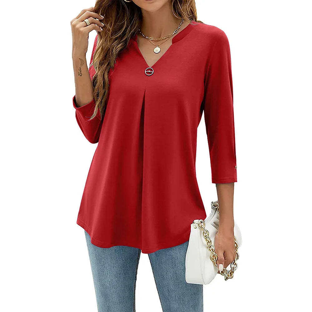 2024 Spring Autumn Women T-shirt V Neck 3/4 Sleeve Pin Decor Pleated Hem Solid Color Slim Fit Tunic T-shirt Tops Blouse