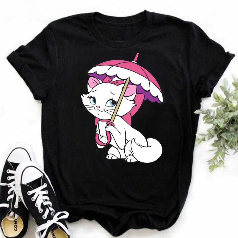 The Aristocats Marie Cat Kawaii Cute Graphic Print Cotton T-shirt 2024 Women's Summer Top Y2K Cute Style Couple Short Sleeve Top