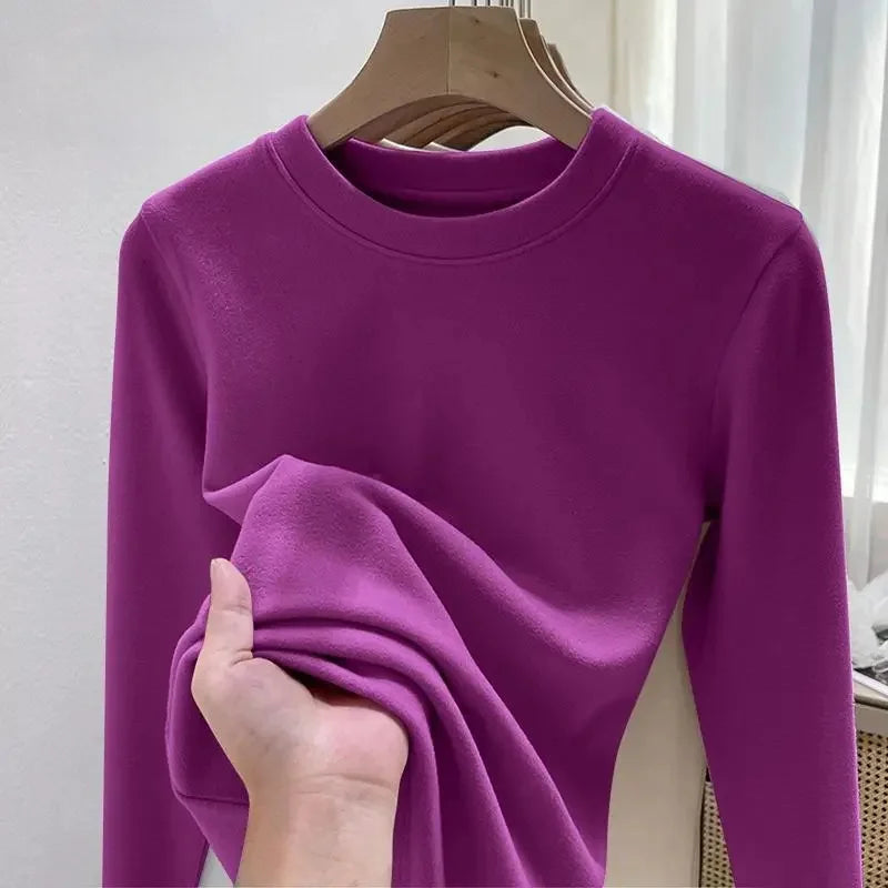 Women's Fleece Lined Long Sleeve T-Shirt Base Layer Shirt Autumn Winter New Style Slimming Versatile Inner Wear Crew Neck Top