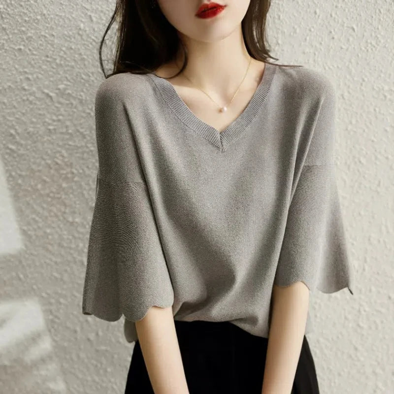Women's Short Sleeve V-Neck Knitting Shirt, Casual Loose Tops, Ice Silk Blouse, Gray Lady Clothes, New, 14799