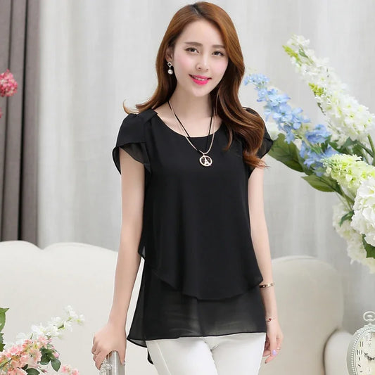 Womens Short Sleeve Chiffon Blouse Peplum Summer Tops Ladies Long Office Shirts  Ruffle Blouse Femme 4XL 5XL