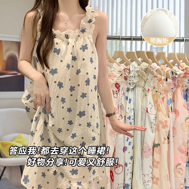 Cloud Cotton Sp Dr Women's Summer Strap Built-in Chest Pad Medium Length Thin Cute 2025 New Nightgown Home Clothes