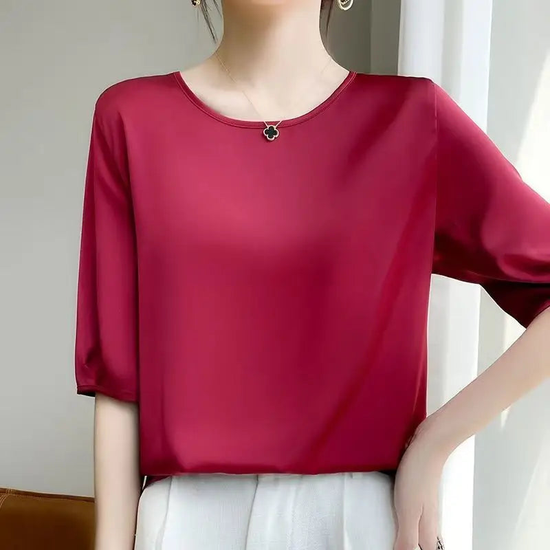 Summer satin Women Blouse Silky Loose Woman Shirt lady's half Sleeve tops Casual solid t-shirt O-Neck pullover women's clothing