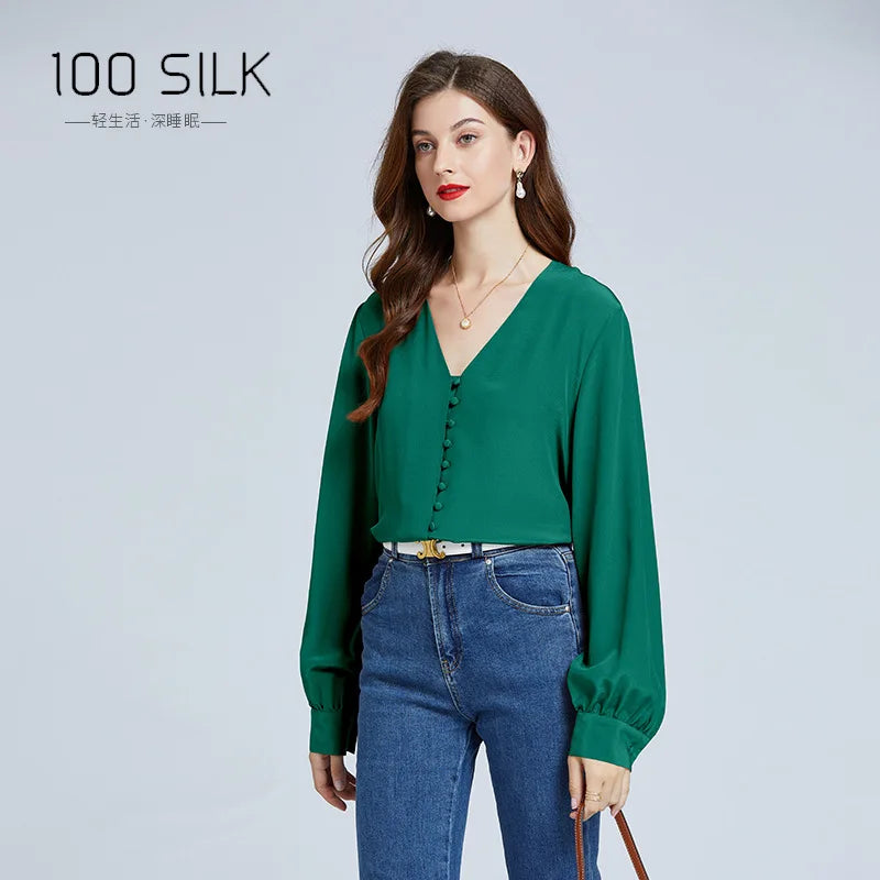 Spring and Autumn New 100% Mulberry Silk Shirt Double Crepe Office Lady Work Shirt Long Sleeve Heavy 18mm Silk Shirt Women