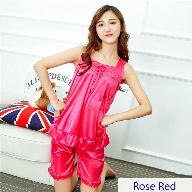 Summer Women's Faux Silk Satin Pajamas Sexy Sleepwear Female Nighty for Ladies Lace Tops + Shorts Cool Pajamas Set