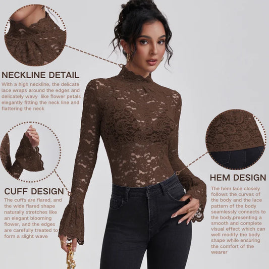 Anfilia Women Lace Shirts Turtle Neck Elegant Flare Long Sleeves Hollow Out Slim-fit Crochet Sexy Blouse