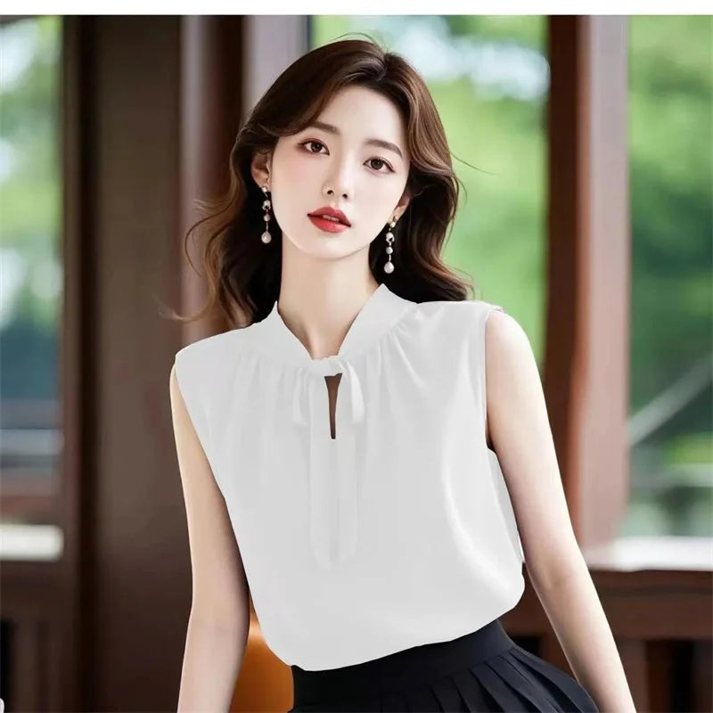 French Women Fashion Chiffon Blousees Vest Summer Ladies Bow Blouse Waistcoat High-grade Female Solid Color Sleeveless Shirts
