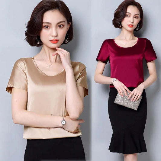 New outer wear silk round neck sling top satin short-sleeved stretch T-shirt large size bottoming shirt women