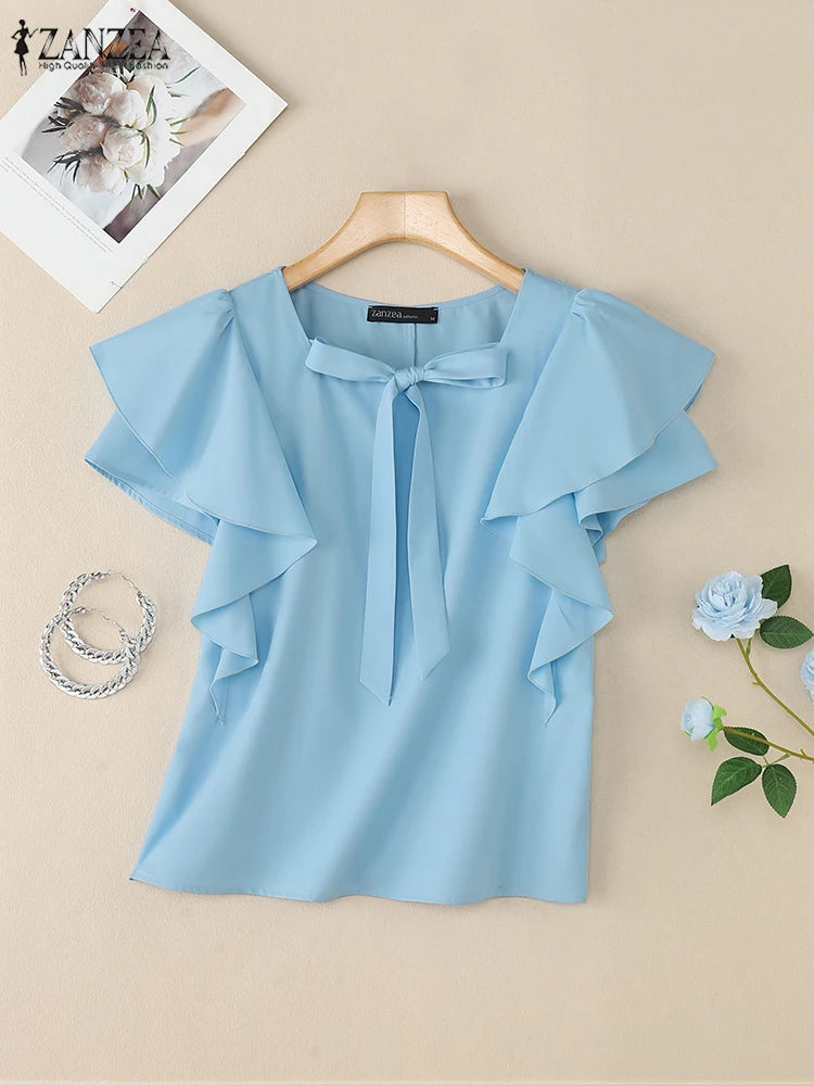 2025 ZANZEA Women Square Neck OL Work Blouse Summer Elegant Office Shirts Stylish Short Ruffled Sleeve Tunic Tops Blusas Femme