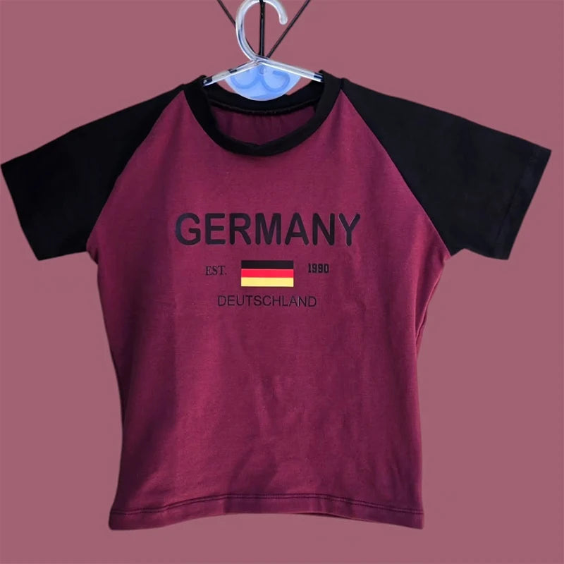 2024 Retro Street Aesthetic Baby T-shirt Women Green Brazil Letters Print Crop Tops Casual Slim Short Sleeve Y2k Clothes E-girls