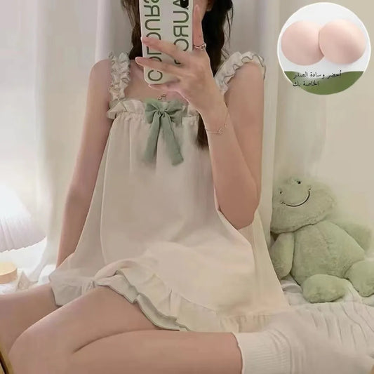 Sweet Sle Women's Spwear Strap Thin Cotton Blend Home Clothes Set with Chest Pad Summer New Arrival  Knot