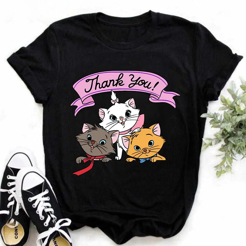 The Aristocats Marie Cat Kawaii Cute Graphic Print Cotton T-shirt 2024 Women's Summer Top Y2K Cute Style Couple Short Sleeve Top