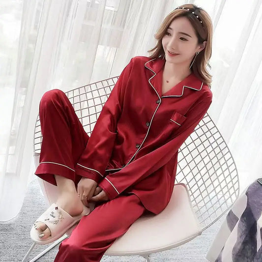 Premium Edition Ice Silk Long Sleeve Long Pants Sleepwear Set for Women Luxury Home Clothes Comfortable Breathable Elegant