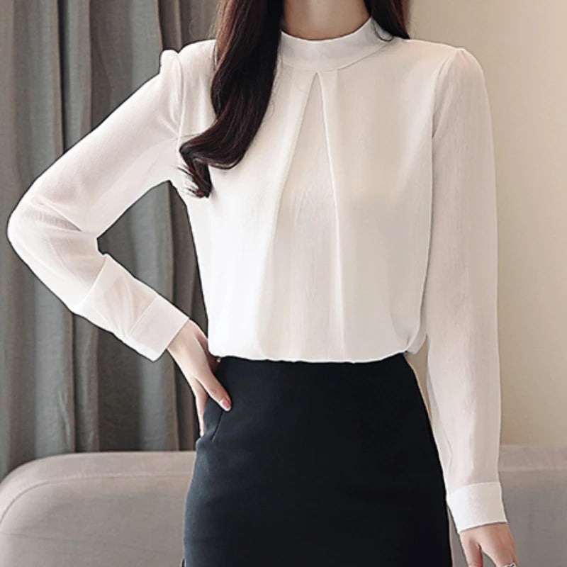2025 New Spring Autumn Chiffon White Women's Blouse Long Sleeve Stand Collar Elegant Workwear Office Lady Korean Shirts Female