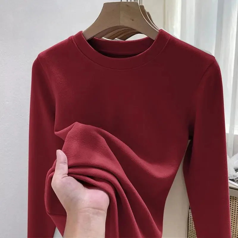 Women's Fleece Lined Long Sleeve T-Shirt Base Layer Shirt Autumn Winter New Style Slimming Versatile Inner Wear Crew Neck Top