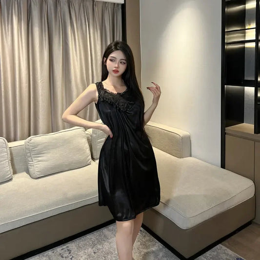 Plus Size Pure Desire Style Sleepwear Low Cut Lace Trim Mid Length Passionate Sexy Nightgown Attractive Chest Design Home Clothe