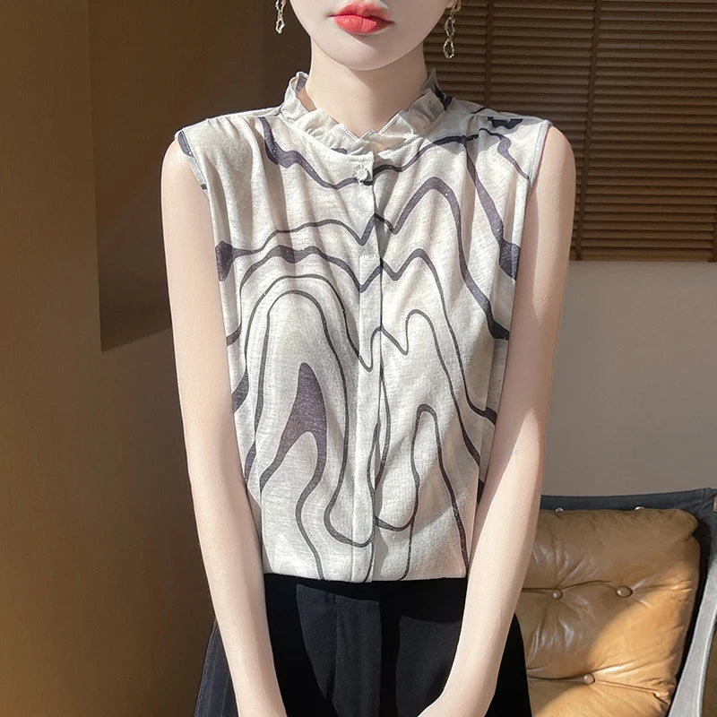 2025 New Chinese Sleeveless Shirt Lace Collar Knit Base Shirt Ink Painting National Style Fashion Western Style Blouse RW M13