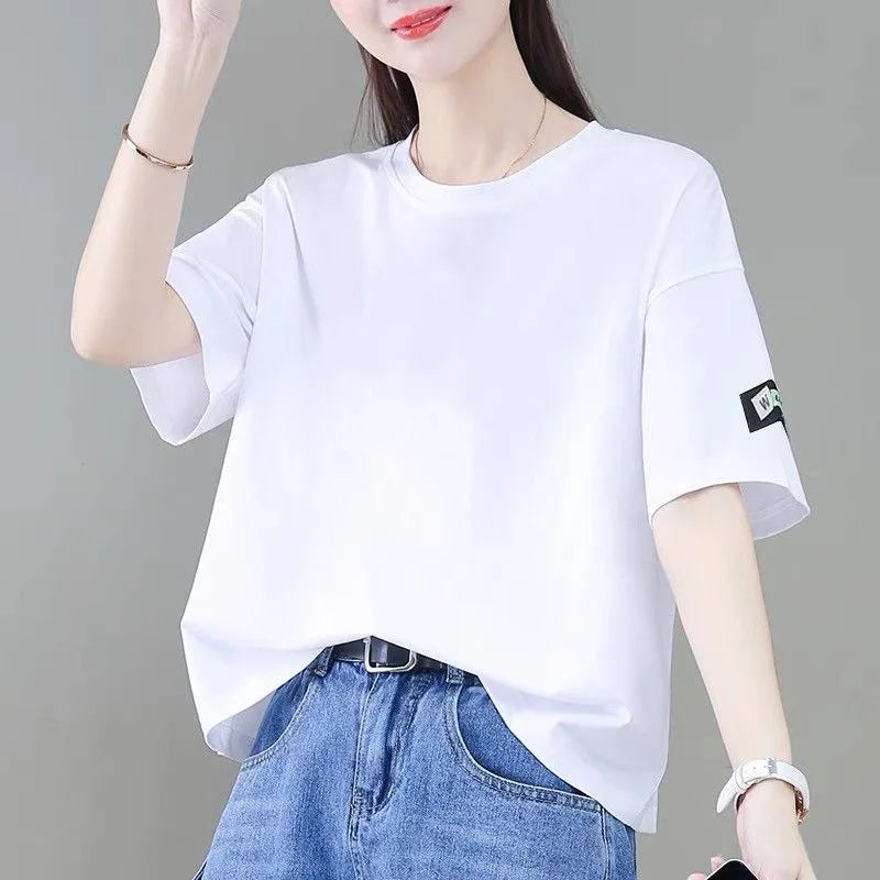 00% Pure Cotton ort Sve T-irt Women's Summer Faion Loose Sli Age-Defng Versatile Top Korean Sle Print Design