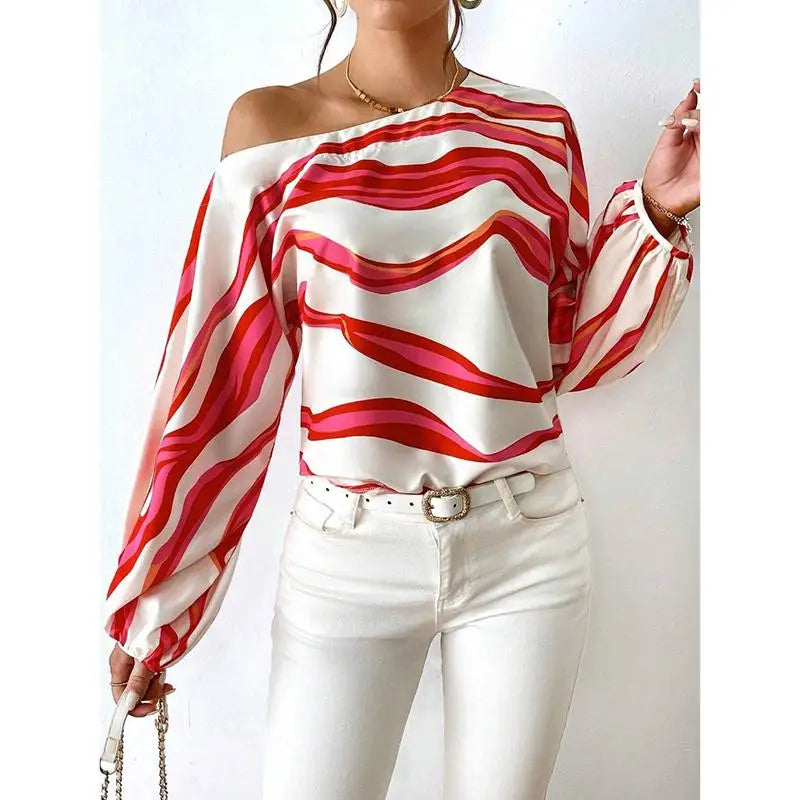 Fashion Long Sleeve Sexy Off Shoulder Shirts women Slash Neck Printed Loose Casual Blouses Women Elegant Simple Lady Shirt Tops
