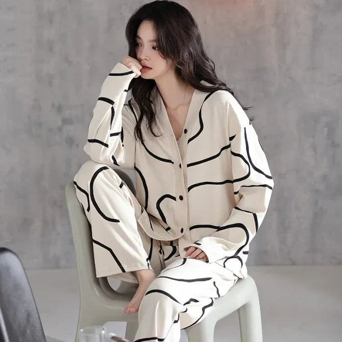 Women's Spring Autumn Long Sleeve Cotton-Like Kimono Loose-Fit V-Neck Sleepwear Sweet Home Clothes Korean Style Outer Wear