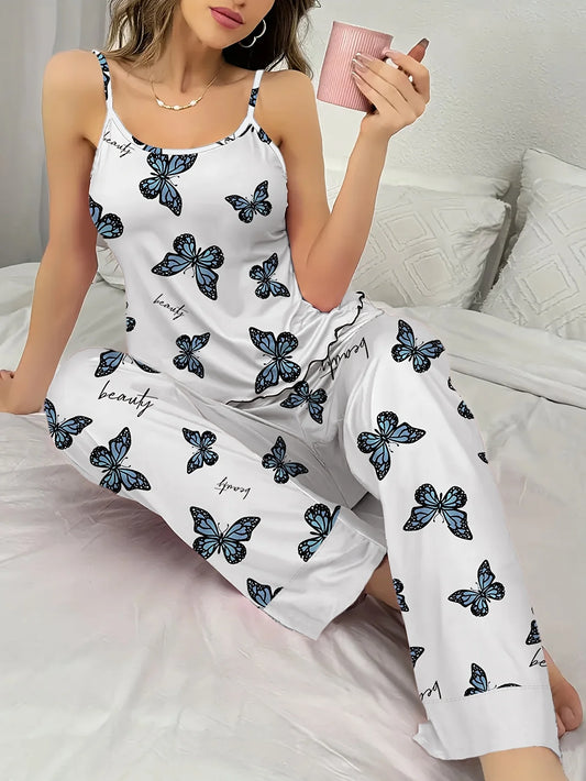 Women's Four-Season Camisole with Blue Butterfly Print, Romantic Atmosphere Pajamas, Pastoral Style Sexy Ins Pajama Set for Women