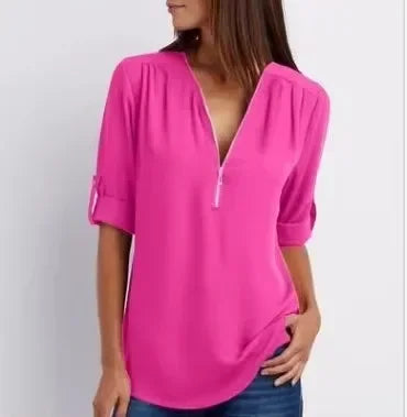 2025 Hot Sale Women Cool Loose Shirt Deep V Neck Chiffon Fashion Blouse Casual Ladies Tops Sexy Zipper Pullover Plus Size