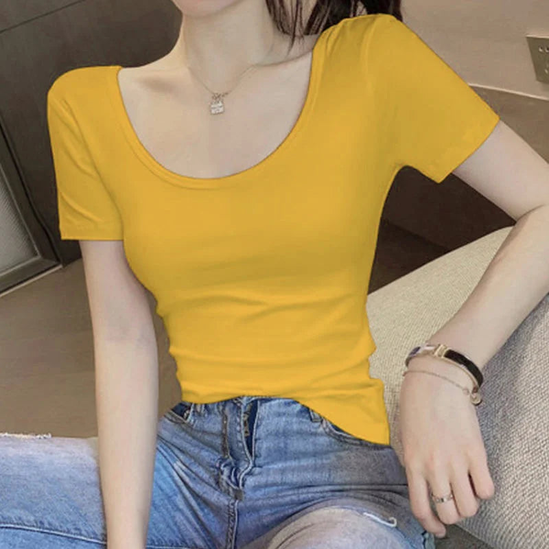 White T-shirt Women Short Sleeve U-neck Summer Low-cut Sexy Slim Top Shaping Base Shirt Comfortable Style Polyester Fabric