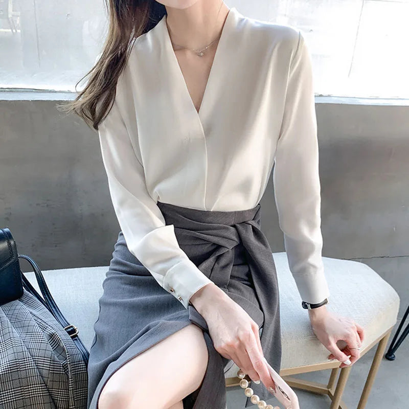 Spring Autumn Long Sleeve White Shirt  Women Korean Temperament V-neck Office Lady Chiffon Blouse Elegant Street Loose Blusas
