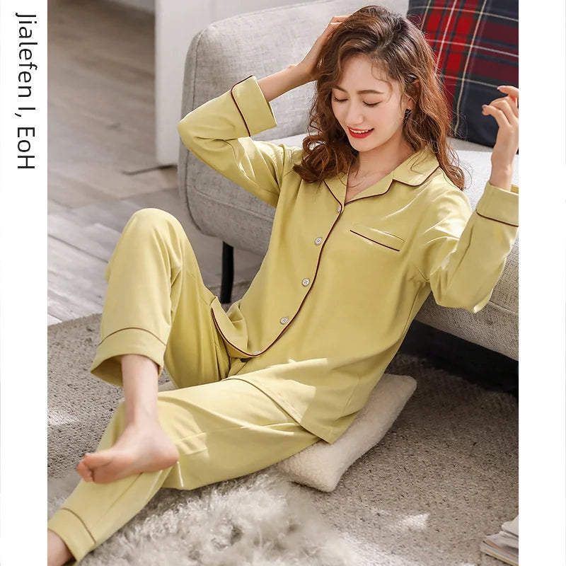 Ladies' 100% Cotton Long Sleeve Pajama Set For Autumn/winter Thin Autumn Collection Women's Homewear