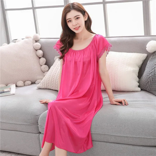 Sexy Summer Large-size Viscose Nightgown Women's Short Sleeves Home Sleep Dress Medium-length Sleepwear Wholesale Custom-made