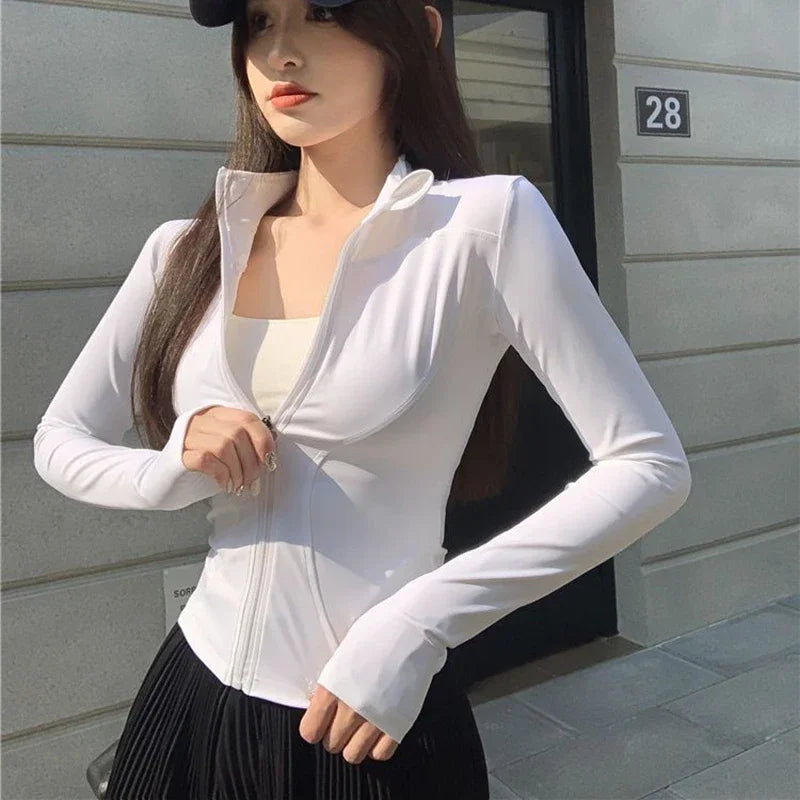 2025 New Slim Fit Long Sleeve T Shirt Women Wild Zipper Up Waist Slimming Yoga Tshirt Woman Tight Stand Collar Crop Tops Female