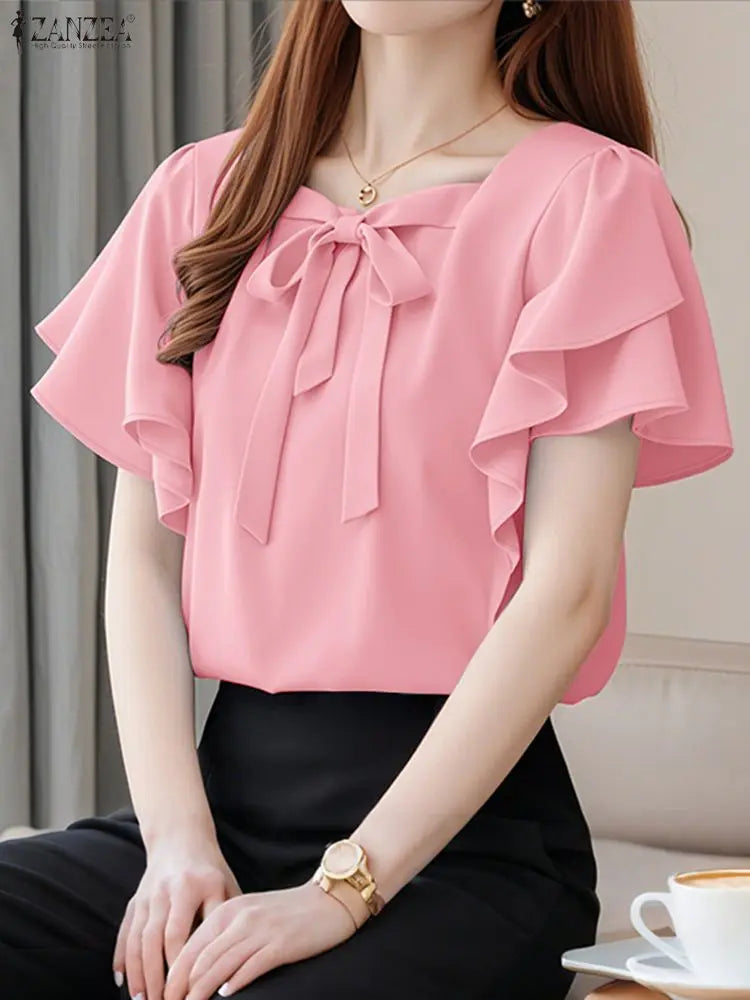 2025 ZANZEA Women Square Neck OL Work Blouse Summer Elegant Office Shirts Stylish Short Ruffled Sleeve Tunic Tops Blusas Femme