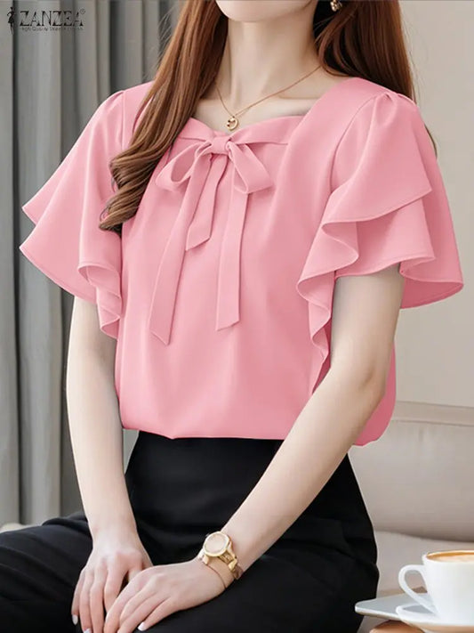 2025 ZANZEA Women Square Neck OL Work Blouse Summer Elegant Office Shirts Stylish Short Ruffled Sleeve Tunic Tops Blusas Femme