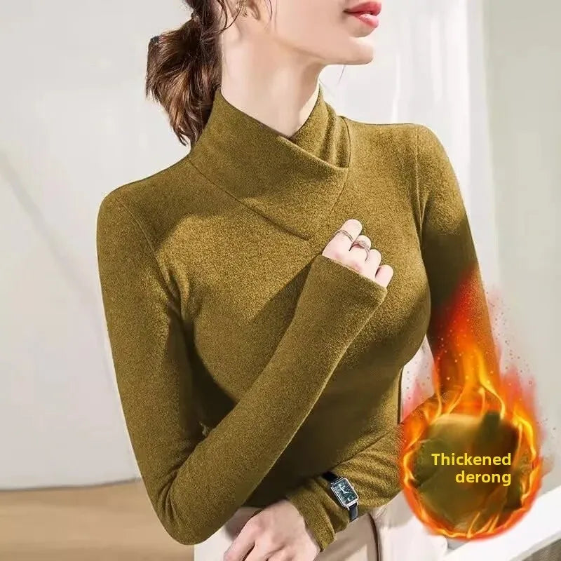 Thickened Double-Sided Fleece Base Shirt Long Sleeve High Collar Women's Autumn Winter Thermal T-Shirt Polyester Fiber Regular S