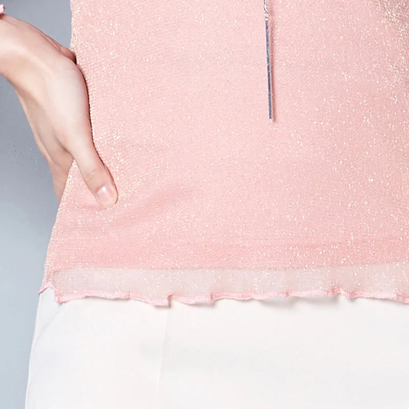 Glitter Mesh Blouse Sexy Womens Shirts Long Sleeve Tops Korean Black Pink O-Neck Elegant Slim Blouse Camisas Femininas