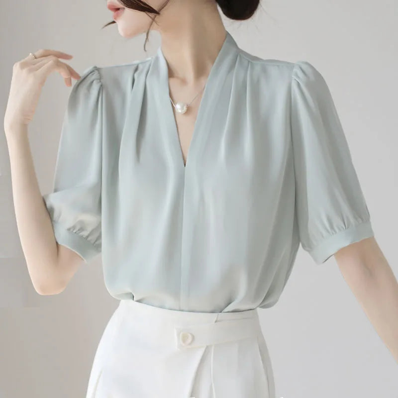 2025 Fashion Summer Short Sleeve V-Neck Women Blouse White Blouse Shirt Women Tops Blouses Shirts Blusas De Mujer Camisas P856