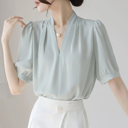 2025 Fashion Summer Short Sleeve V-Neck Women Blouse White Blouse Shirt Women Tops Blouses Shirts Blusas De Mujer Camisas P856