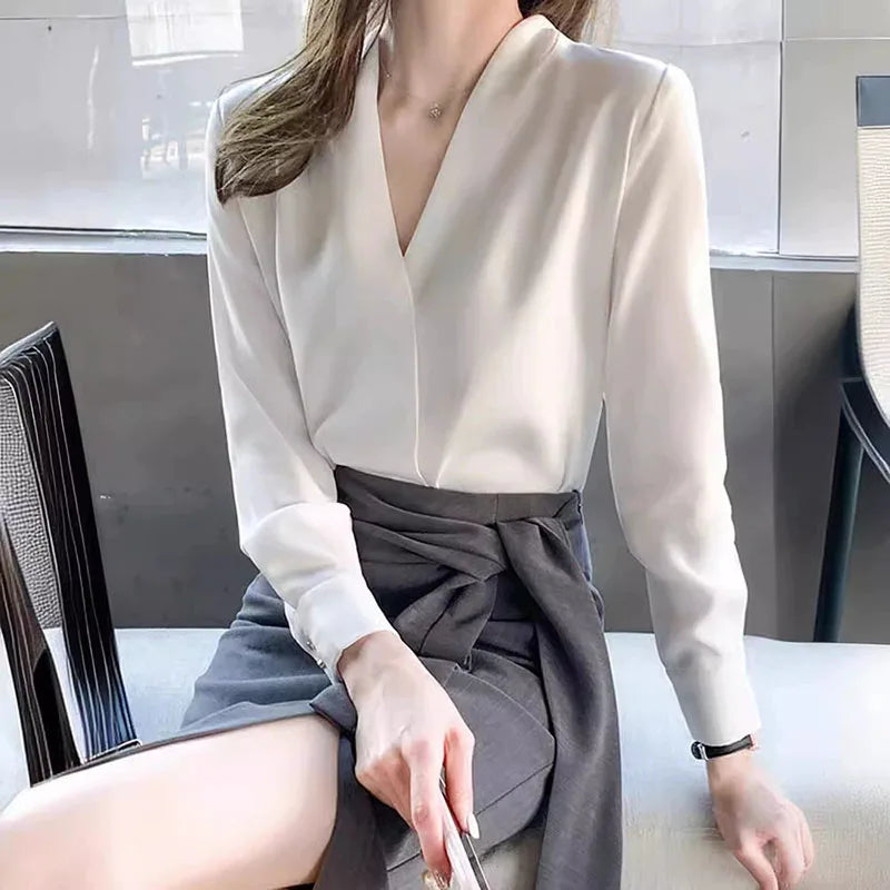 Spring Autumn Long Sleeve White Shirt  Women Korean Temperament V-neck Office Lady Chiffon Blouse Elegant Street Loose Blusas