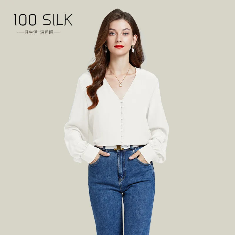 Spring and Autumn New 100% Mulberry Silk Shirt Double Crepe Office Lady Work Shirt Long Sleeve Heavy 18mm Silk Shirt Women