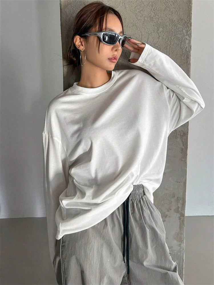 Women Basic Long Sleeve Loose O-neck T-shirt Autumn Winter Solid Color Tee Top Streetwear