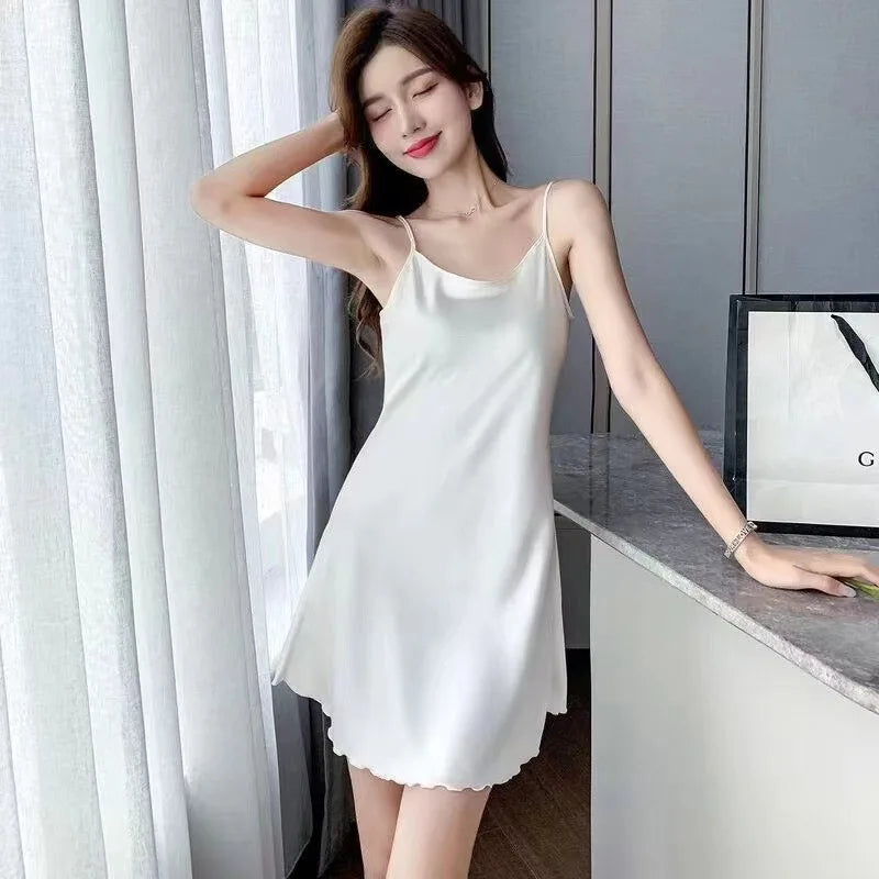 Oversize Satin Nightgown Sexy Woman Nightie Spaghetti Strap Nightdress Short Sleeveless Sleepwear Nightwear