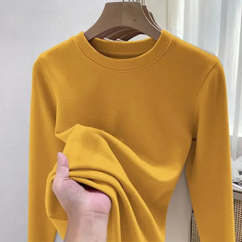 Women's Fleece Lined Long Sleeve T-Shirt Base Layer Shirt Autumn Winter New Style Slimming Versatile Inner Wear Crew Neck Top