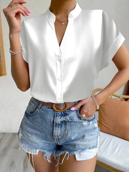 Summer New V-neck Pullover Short Sleeved Female Solid Color Casual Shirt Women's Clothing 2024 Button Office Lady Blouse Tops