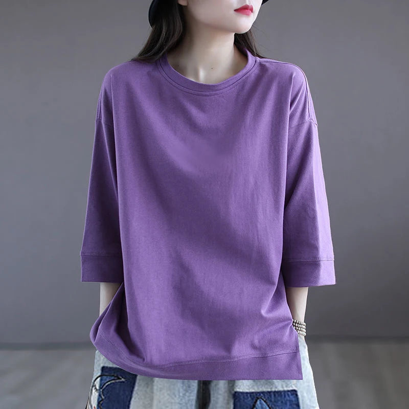 Casual Cotton T-irt Women's Summer Loose Slim Fit Faionable Seven-Quarter Sve round Ne Print Top for Commute