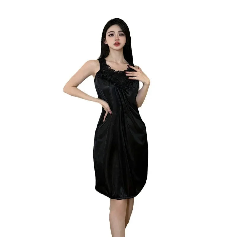 Plus Size Pure Desire Style Sleepwear Low Cut Lace Trim Mid Length Passionate Sexy Nightgown Attractive Chest Design Home Clothe